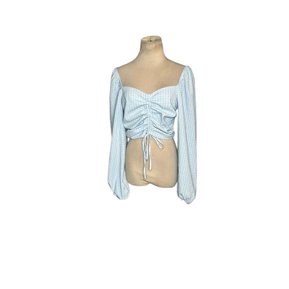 Vestique Blue White Checkered Pattern Long Sleeves Ruched Crop Top size M - Picture 11 of 16